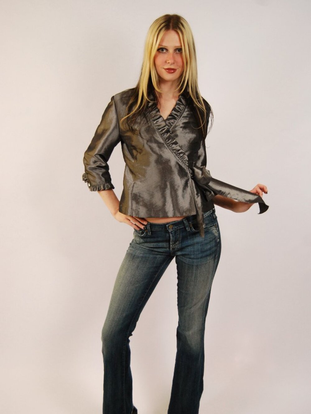 Y2K Metallic Blouse (M) medium grey silver vintage womens wrap top ruffle office
